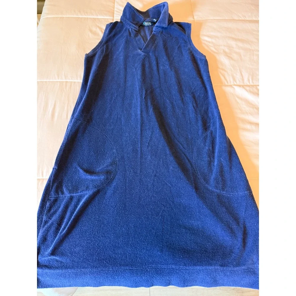 Denim & Co Beach Terry Cloth Swim Cover Up Dress Navy Blue Sleeveless Medium
